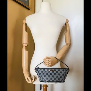 GUCCI GG Canvas Blue Leather Handbag Baguette